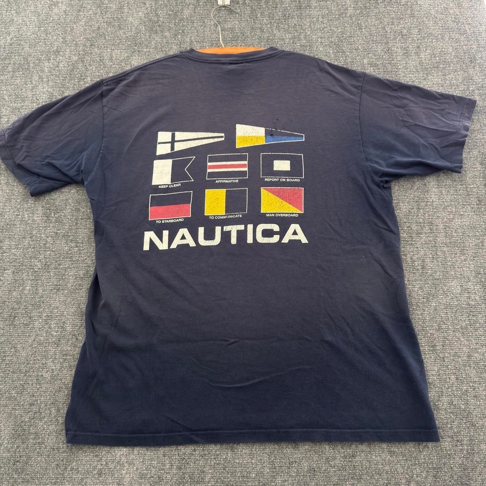 Vintage Faded Nautica T-Shirt Mens Large Navy Blue Maritime Signal Flags